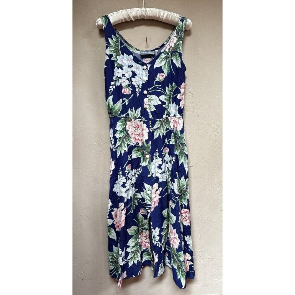 Carol Anderson Women Sleeveless Floral Midi Shirt Dress Blue Button-Front V-Neck